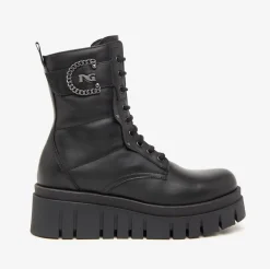 ANFIBI PELLE NERA PLATFORM LOGO METALLICO