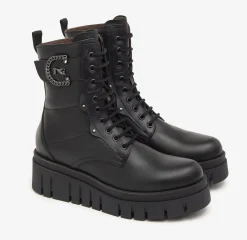 ANFIBI PELLE NERA PLATFORM LOGO METALLICO