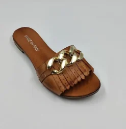 SANDALI IN PELLE CON MAXI CATENA E FRANGE